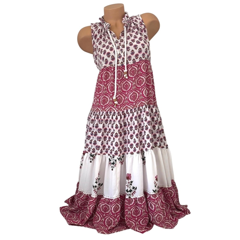 Chelsea & Theodore Womens XS Pink White Floral Tiered Maxi Dress Boho Sleeveless